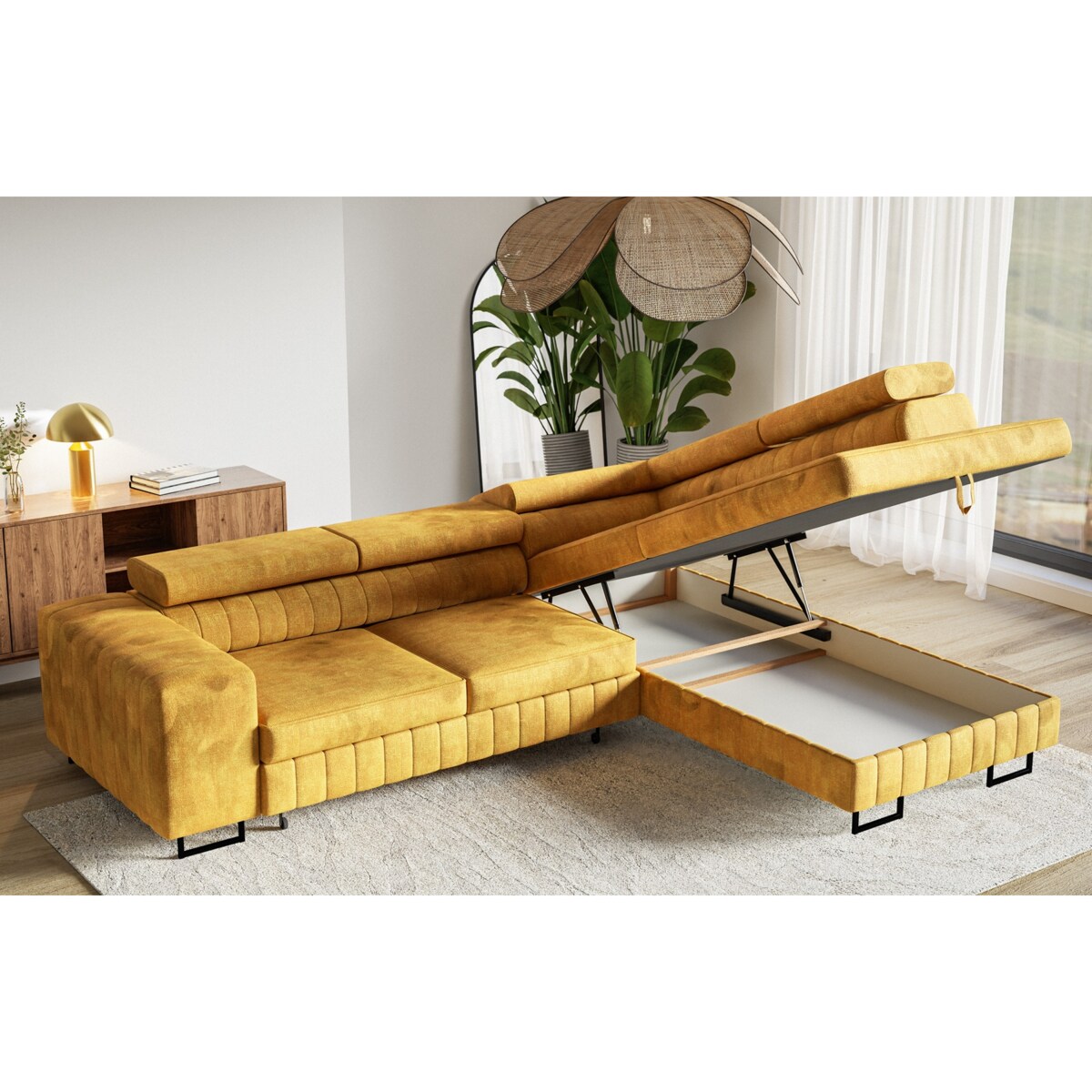 Narożnik NOLA do salonu, regulowane zagłówki-prawostronny-Terra musztardowa