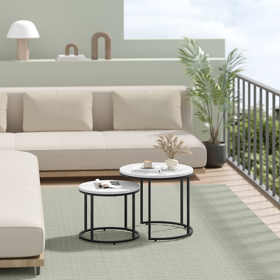 Stolik Kawowy Okrągły 2Szt Marmur, Czarny