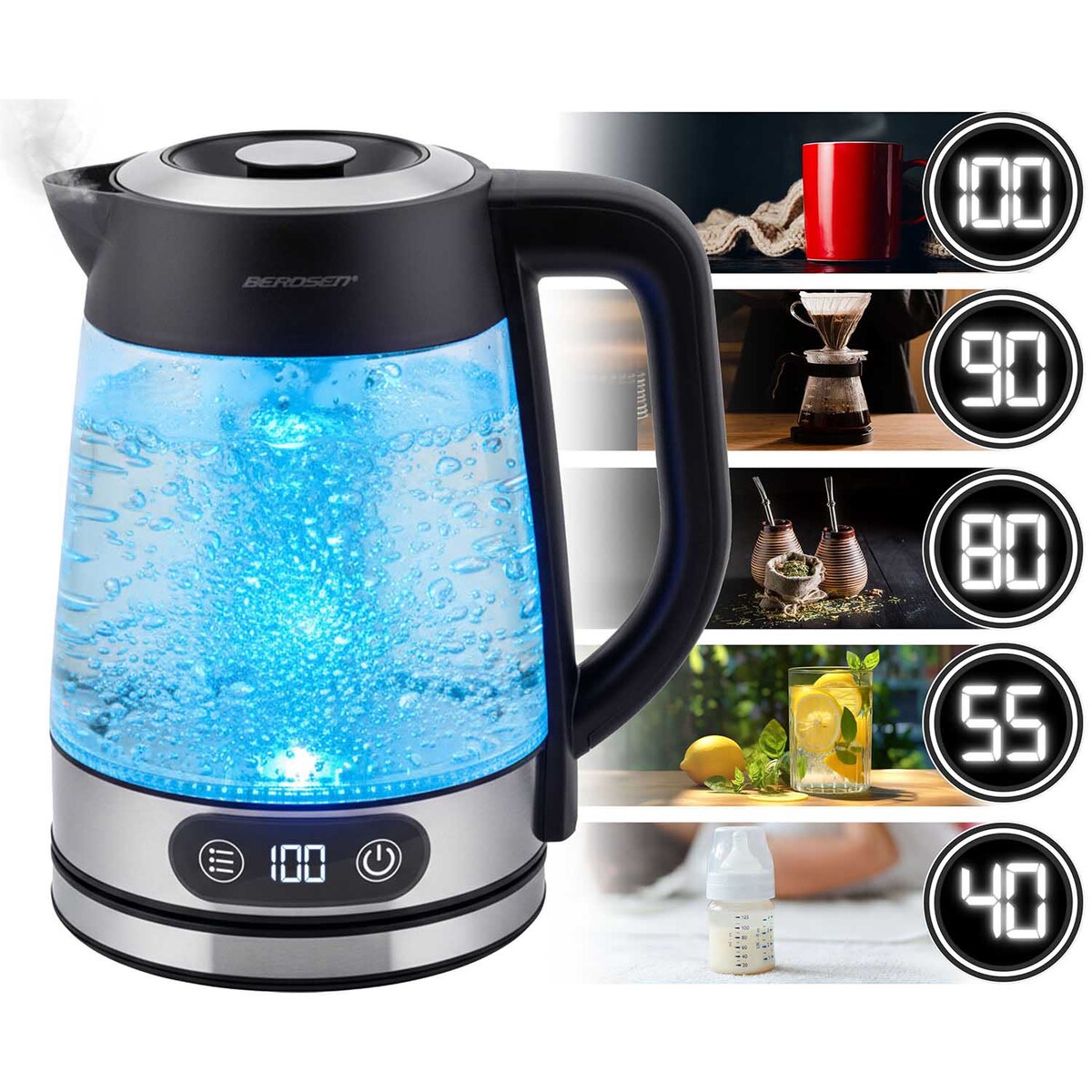 Czajnik elektryczny szklany z regulacja temperatury 1,8l Berdsen 371500