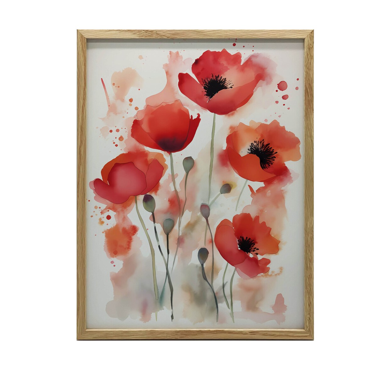 Czerwone Maki w Akwareli, 40x50 cm, rama drewniana jasny dąb, papier matowy 230 gsm