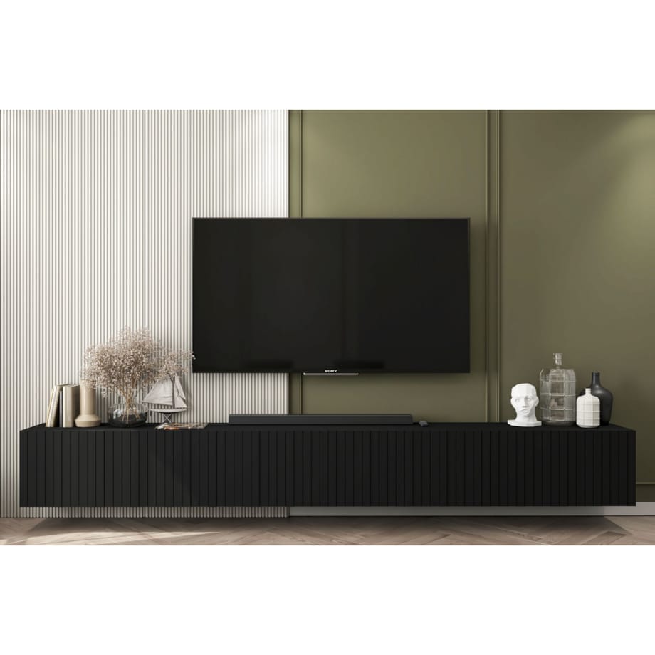 Wisząca Szafka RTV Glamour Nowoczesna Komoda RTV Czarny MAT 300 cm