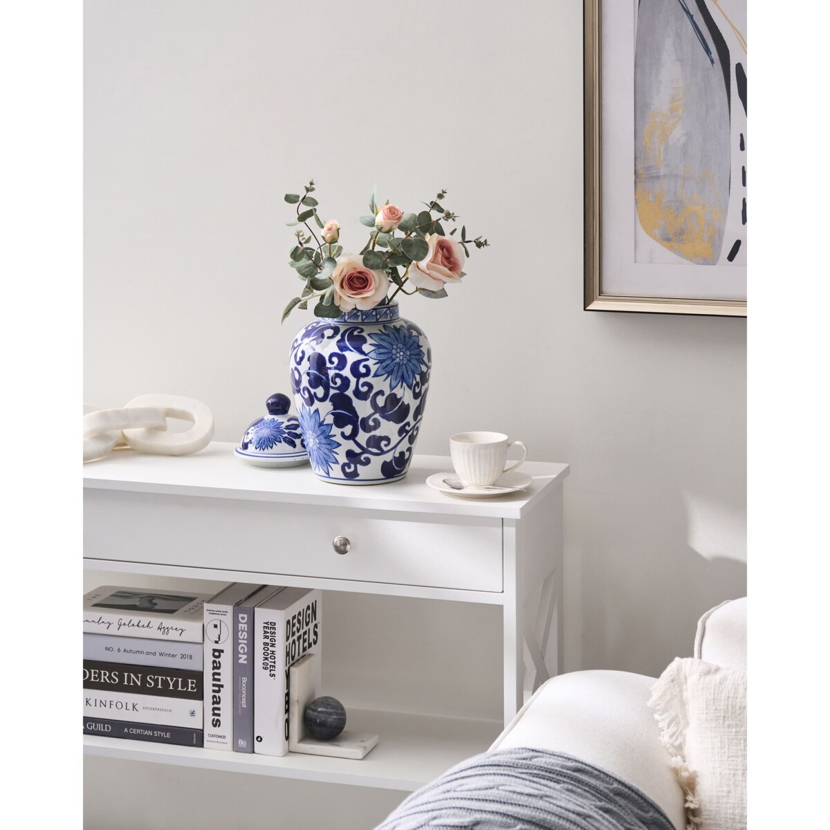 Wazon z pokrywką CUENCA Porcelana 36 cm Biały/ niebieski