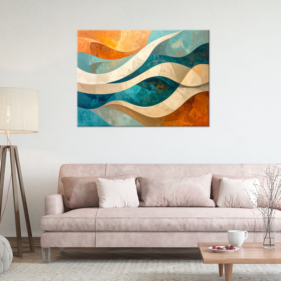 Obraz do salonu sypialni biura loftu, Abstrakcja linie kształty beżowy turkusowy