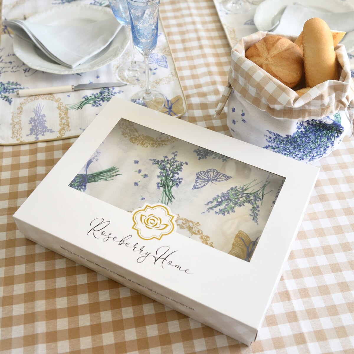 Dwustronny bieżnik Lavender & Beige Gingham – 50 × 220 cm