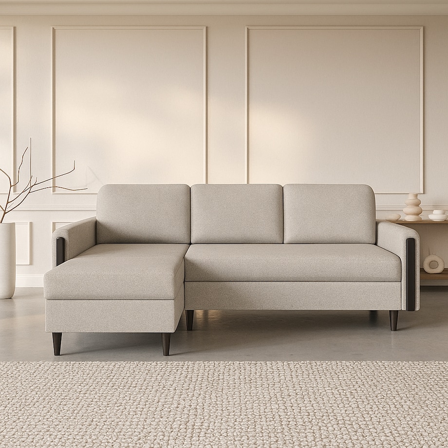 Wygodny narożnik GALOS - beżowy-drewno wenge - lewostronny