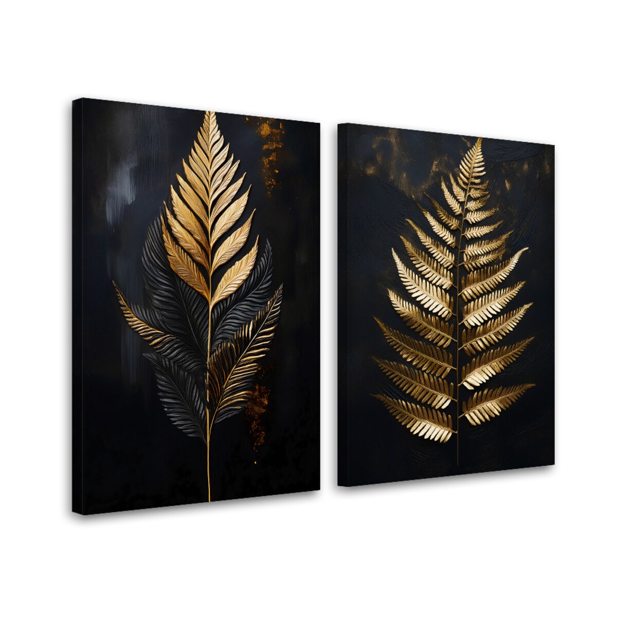 Obrazy sety do salonu sypialni, Paproć Złote Liście Glamour 160x120 (2x80x120)