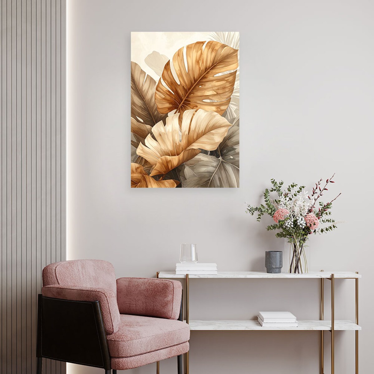 Obraz do salonu sypialni, Złote liście tropikalne w eleganckiej kompozycji 40x60cm