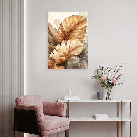 Obraz do salonu sypialni, Złote liście tropikalne w eleganckiej kompozycji 40x60cm