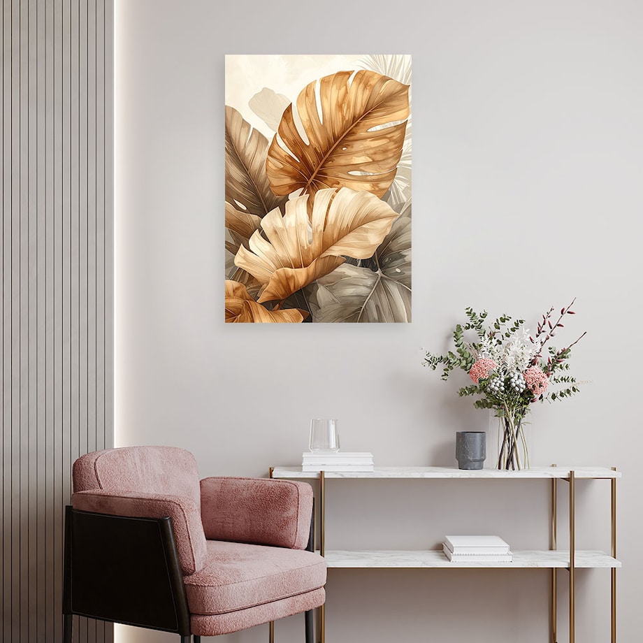 Obraz do salonu sypialni, Złote liście tropikalne w eleganckiej kompozycji 40x60cm