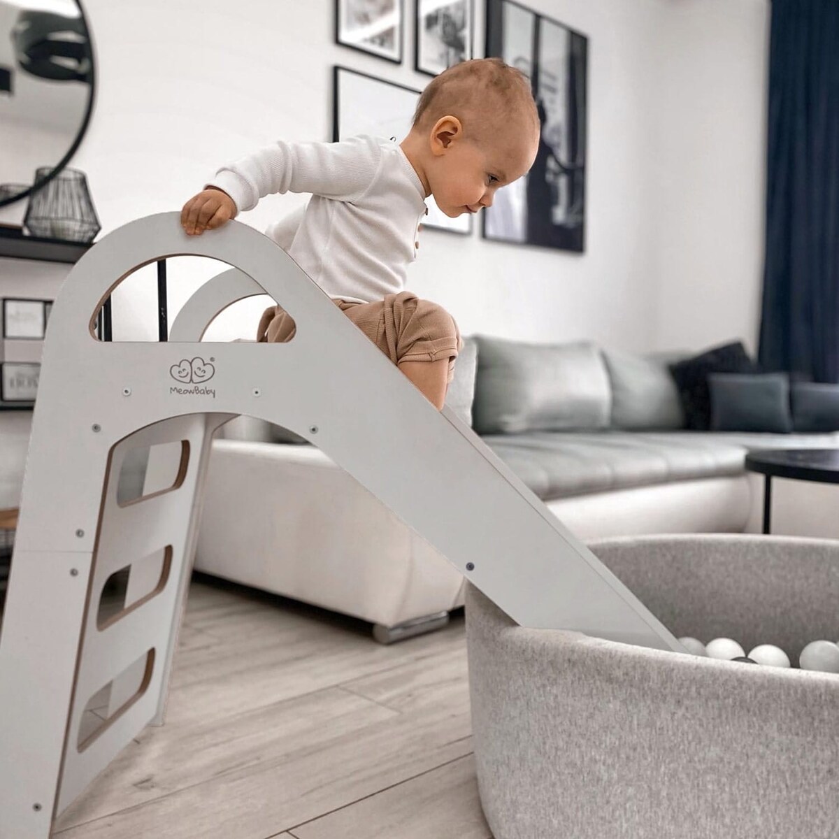 MeowBaby® Drewniana Zjeżdżalnia dla Dziecka do pokoju 87x46cm Montessori, Szara