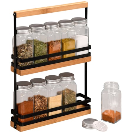 Organizer na przyprawy 30x25x5,2 cm i 10 szklanych pojemniczków 100 ml