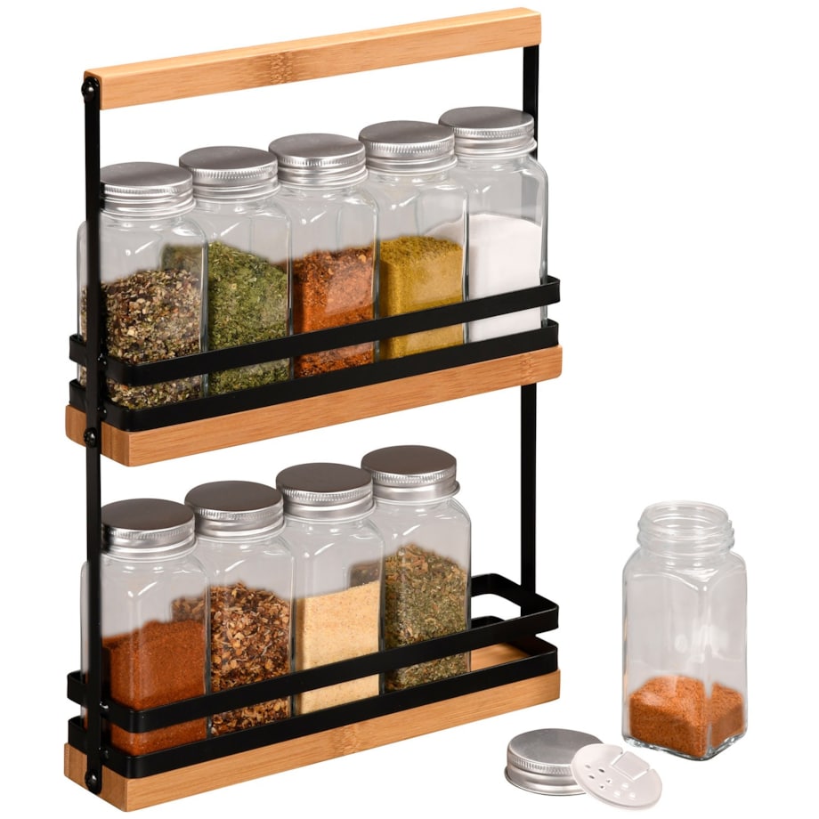 Organizer na przyprawy 30x25x5,2 cm i 10 szklanych pojemniczków 100 ml