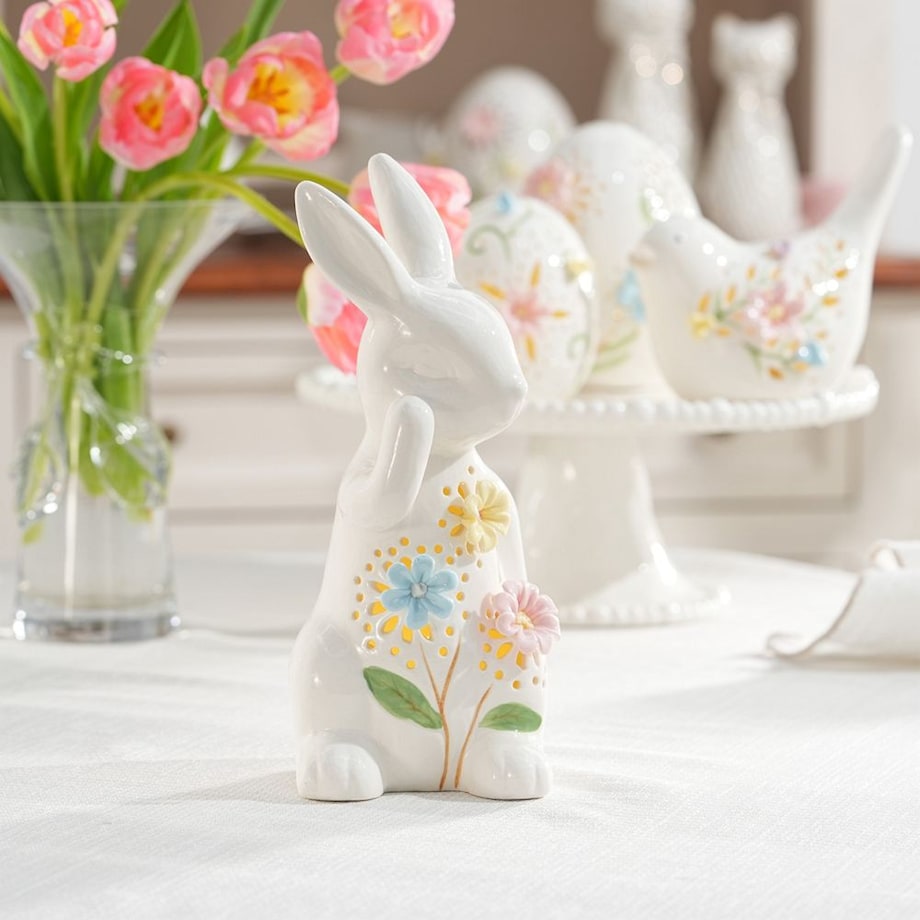 VILLA ITALIA Zajączek porcelanowy ażurowy 22,5 cm Lampion LED LAURA