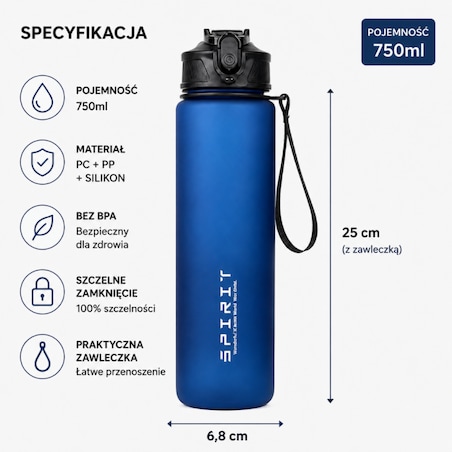 Butelka na wodę, sportowy bidon z miarką 750ML, matowy granat BD51