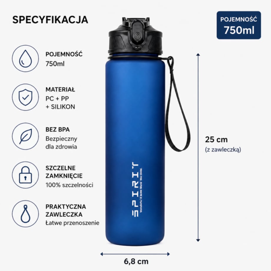 Butelka na wodę, sportowy bidon z miarką 750ML, matowy granat BD51