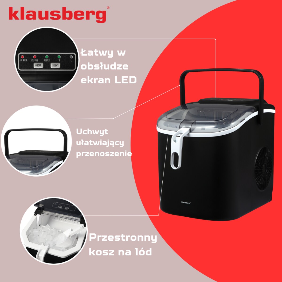 Kostkarka do lodu automatyczna 1.2L 0.6kg 100W LED KLAUSBERG
