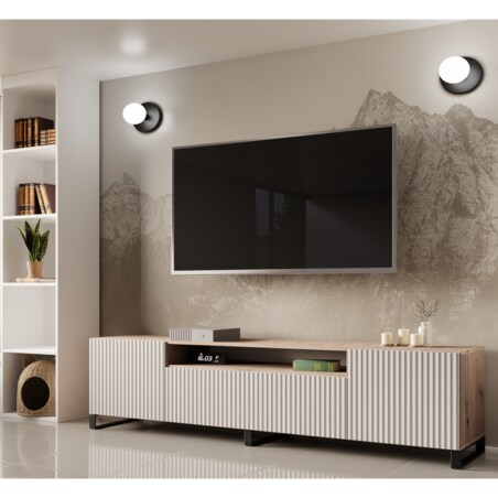 Stojąca szafka RTV NOELI pod telewizor, z ryflowanym frontem -biała+artisan