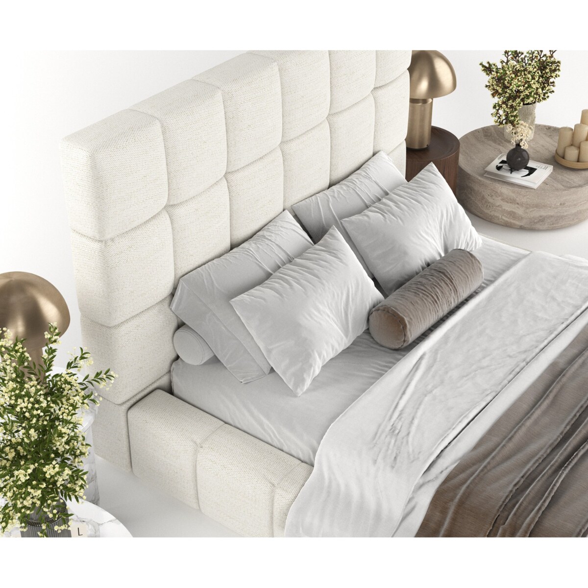 Łóżko tapicerowane SKIATHOS 200x200 z pojemnikiem, Kremowy, tkanina Modesto 492