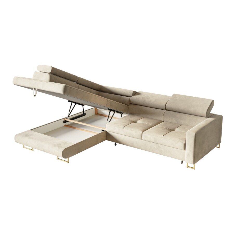 Narożnik rozkładany MERY z regulowanymi zagłówkami na złotych nóżkach lewy