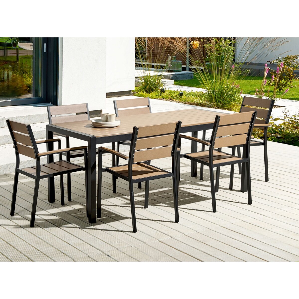 Zestaw ogrodowy stół i 6 krzeseł jasne drewno z czarnym VERNIO