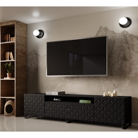 Szafka RTV ALI 200 cm, stojąca, z ozdobnymi frontami, pod telewizor- czarna