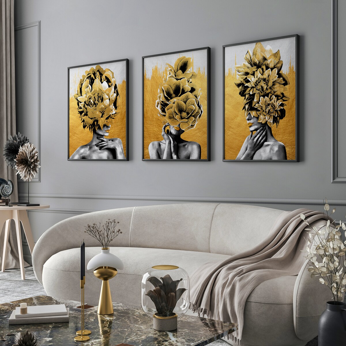 ZESTAW 3X PLAKAT W RAMIE KOBIECE PORTRETY ABSTRAKCJA KWIATY DO SALONU 60x80cm