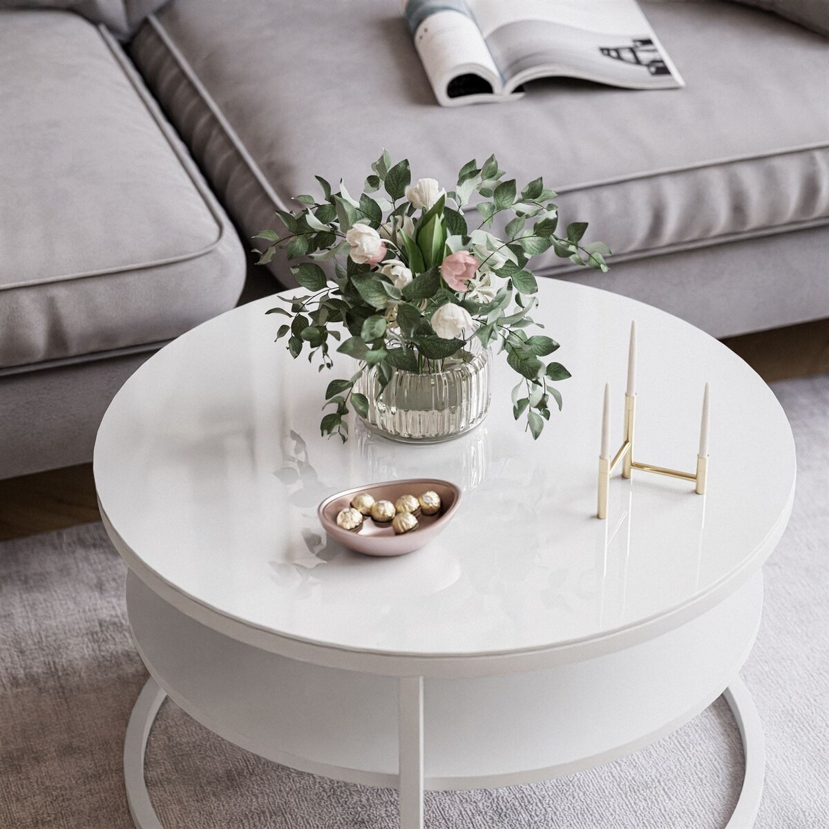 Stolik kawowy CIRI SLIM z półką białe szkło