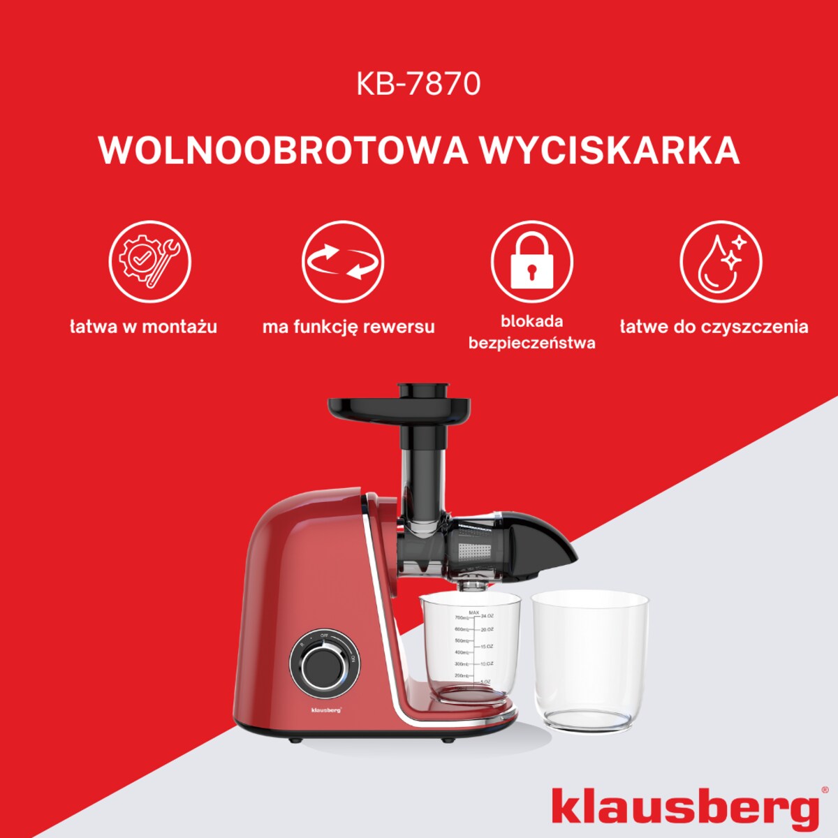 Sokowirówka wolnoobrotowa 150W do owoców i warzyw COLD PRESS KLAUSBERG KB-7870