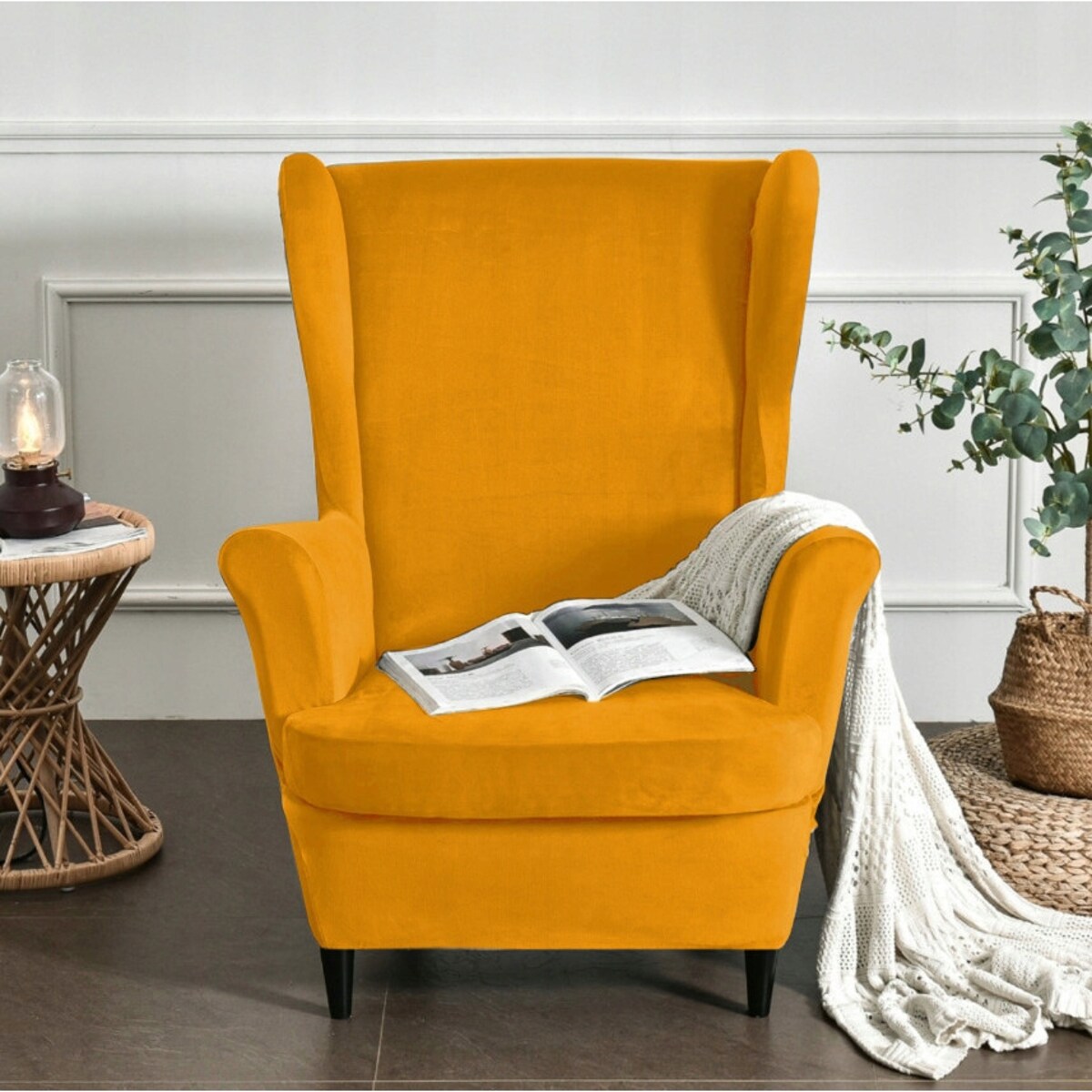 POKROWIEC NA FOTEL USZAK MUSZTARDOWY WELUR ELASTYCZNY [22E7]