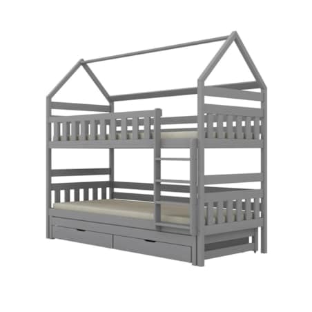 Łóżko piętrowe domek FELIKS 200x90 szare drewniane trzyosobowe z szufladami