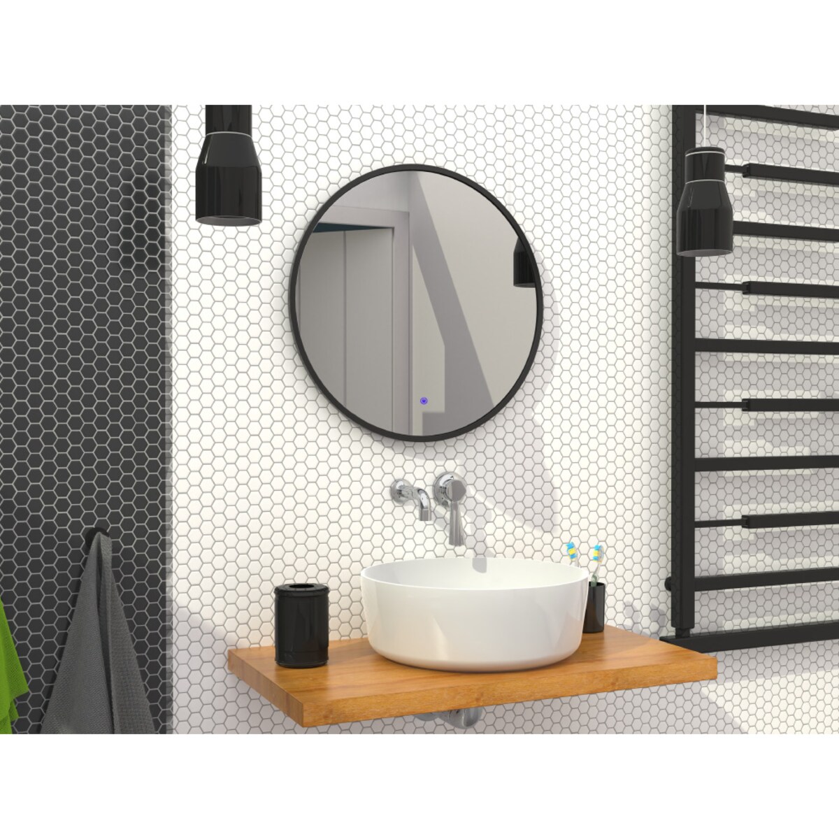 Lustro okrągłe LED z poświatą i włącznikiem – czarne - 60 cm