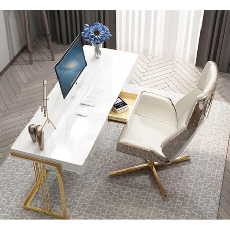 Nowoczesne białe złote biurko do gabinetu / do biura ze stali nierdzewnej Luxury Premium 140x70x75 / 2 szuflady