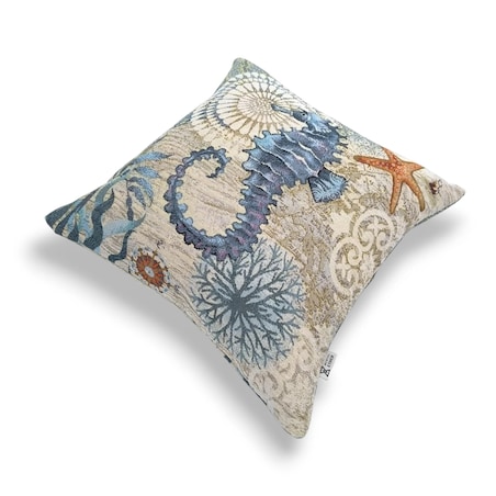 Dwustronna poduszka gobelinowa z konikiem morskim 45x45 Morskie Opowieści - beż i błękit