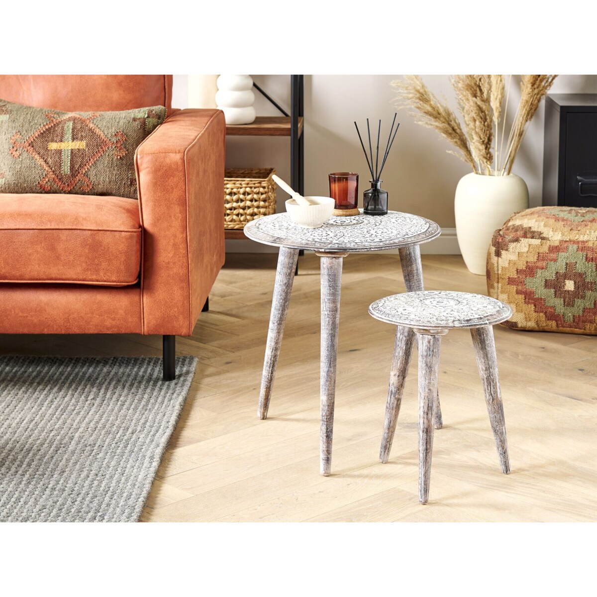 Zestaw 2 stolików pomocniczych drewno mango złamana biel BARJU