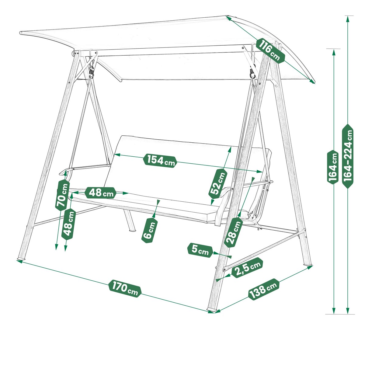 Huśtawka ogrodowa 3-osobowa WOLNOSTOJĄCA bujana STALOWA z poduszką DASZKIEM