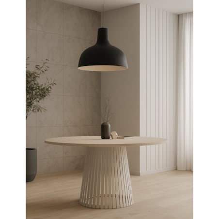 Stół VIV okrągły z lamelami do salonu, blat 110cm kaszmir -podstawa kaszmir