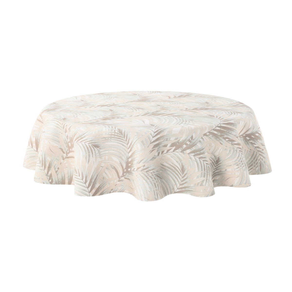 Obrus okrągły 130 x 130 cm beżowo-kremowe liście palmy na białym tle