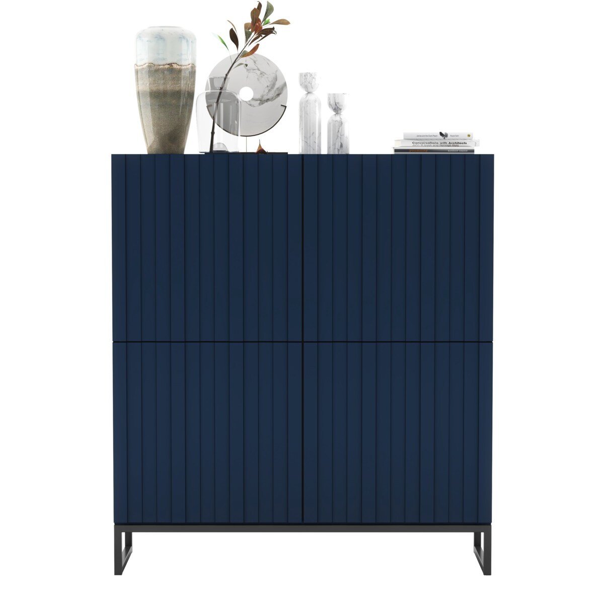 Komoda RTV Loft Szafka RTV Glamour Granatowy Mat 112 cm Ryflowane fronty Mat Metalowa Rama