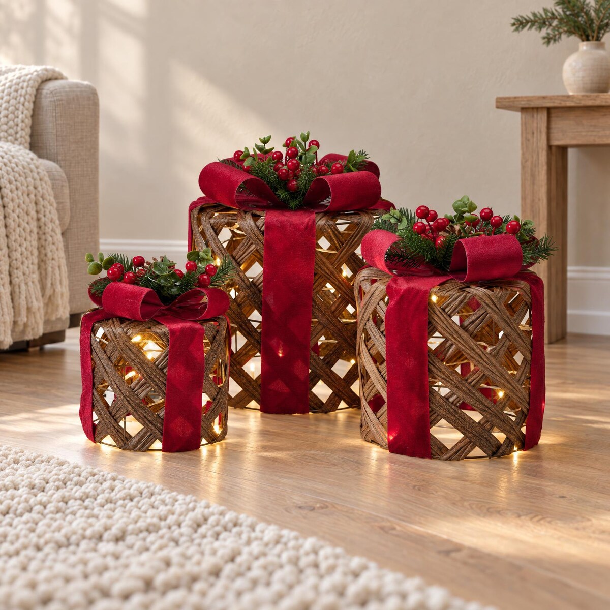 Zestaw 3 świecących pudełek prezentowych, okrągłe, Ø 15, 20 i 25 cm, LED, na baterie, kolor brązowy