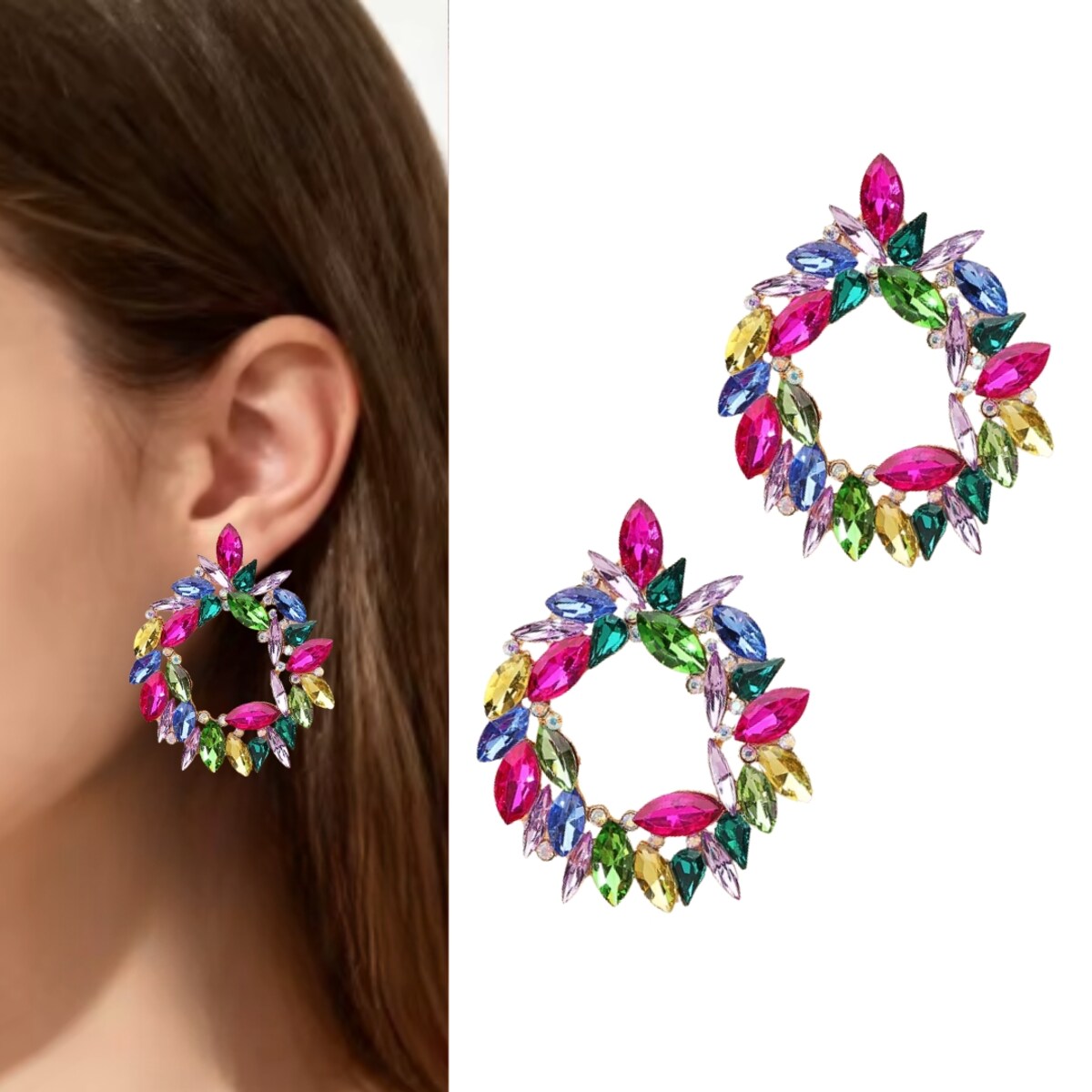 Złote kolczyki 5cm kolorowe listki cyrkonie błysk kryształki eleganckie