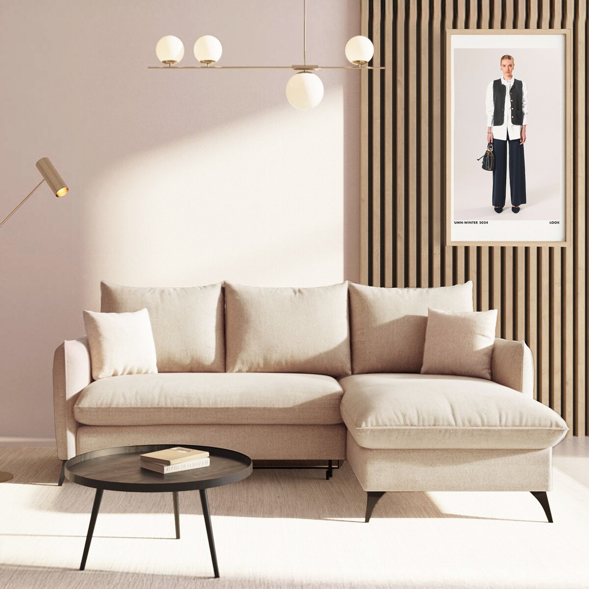 Brim Sofa narożna prawa z funkcją spania i pojemnikiem prawa jasno beżowa