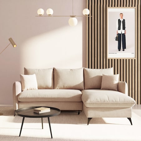 Brim Sofa narożna prawa z funkcją spania i pojemnikiem prawa jasno beżowa