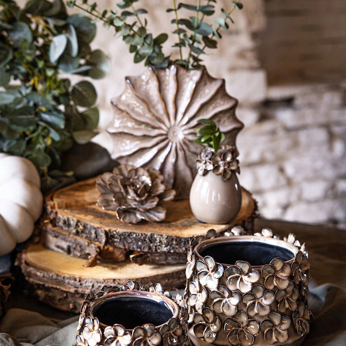 WAZON CERAMICZNY 22cm BEŻOWY NA KWIATY GAŁĄZKI BUKIET DO SALONU DOMU