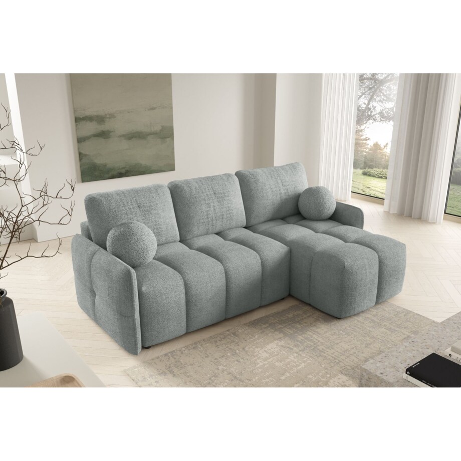 Narożnik MONO z funkcją spania i ozdobnymi poduszkami prawy, szary