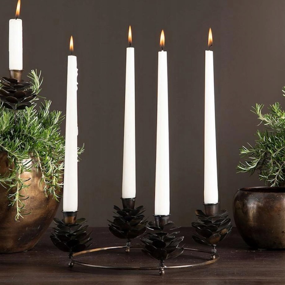 ŚWIECZNIK KANDELABR 4 ŚWIECE ŚWIĄTECZNY SZYSZKI METALOWY BRĄZOWY 30cm LOFT