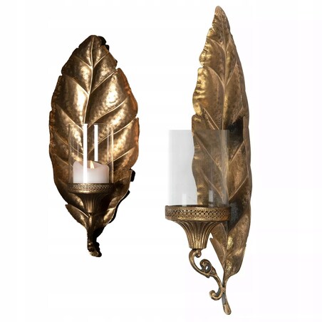 ŚWIECZNIK LAMPION WISZĄCY NA ŚCIANĘ DO SALONU LIŚĆ ZŁOTY szklany klosz 49cm