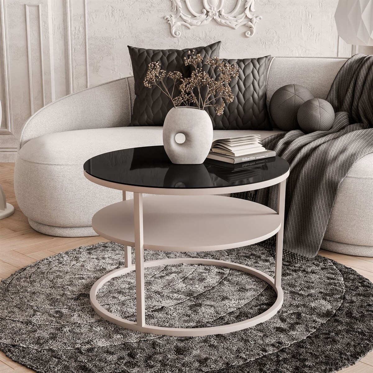 Stolik Kawowy CIRI GLASS KASZMIR z półką, blat czarne szkło