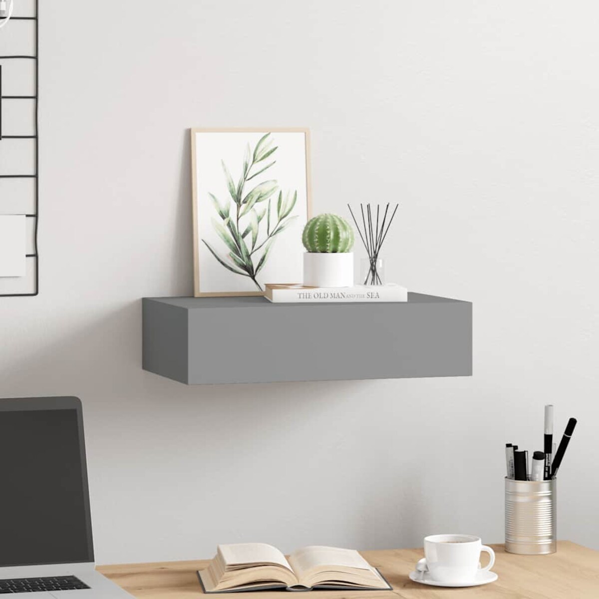vidaXL Półka ścienna z szufladą, szara, 40 x 23,5 x 10 cm, MDF
