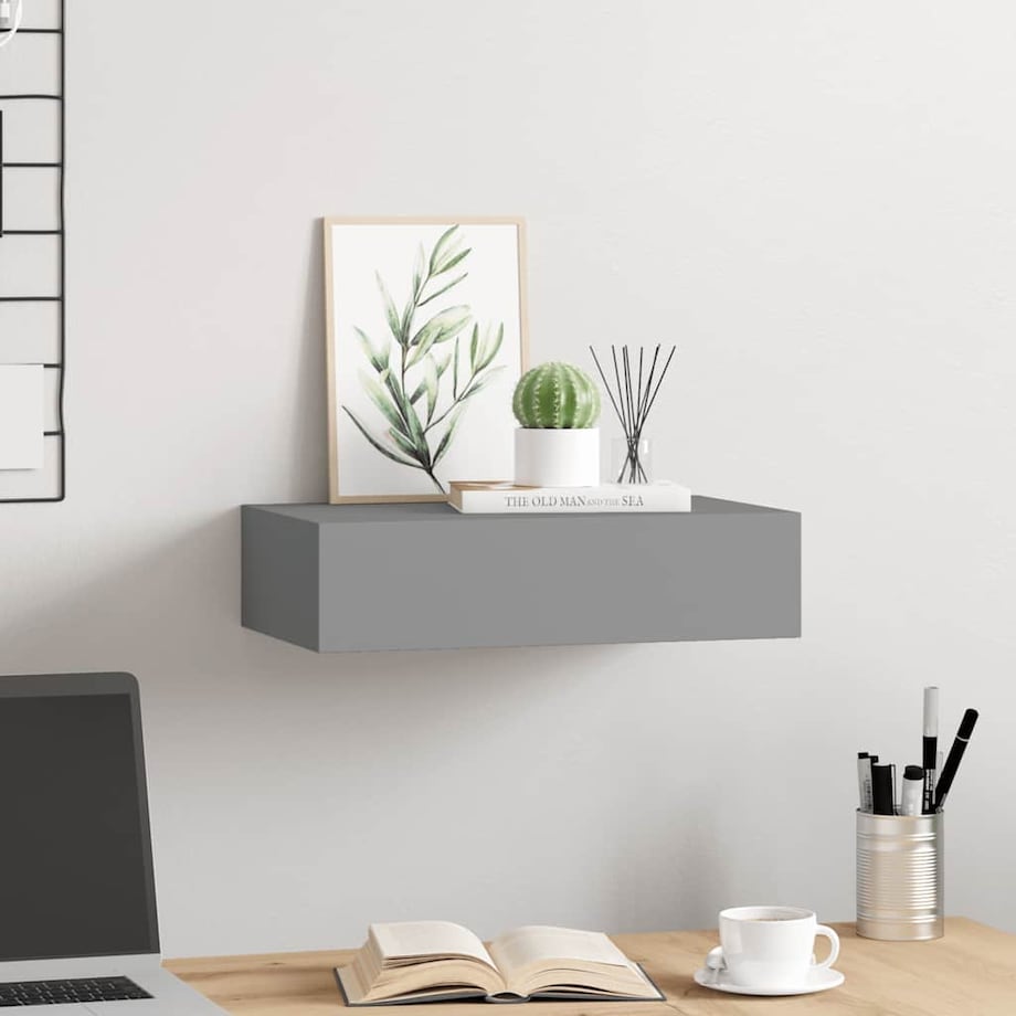vidaXL Półka ścienna z szufladą, szara, 40 x 23,5 x 10 cm, MDF