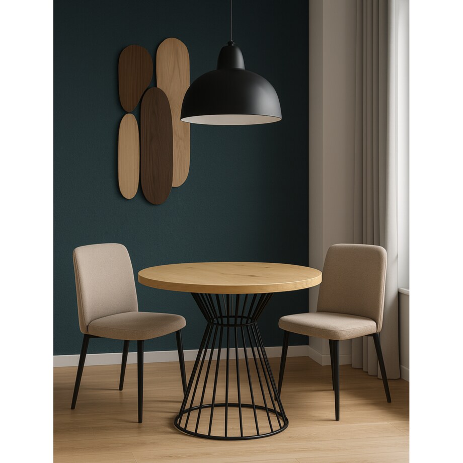 Okrągły stół Reo do salonu z metalową podstawą, blat 100 cm- dąb artisan